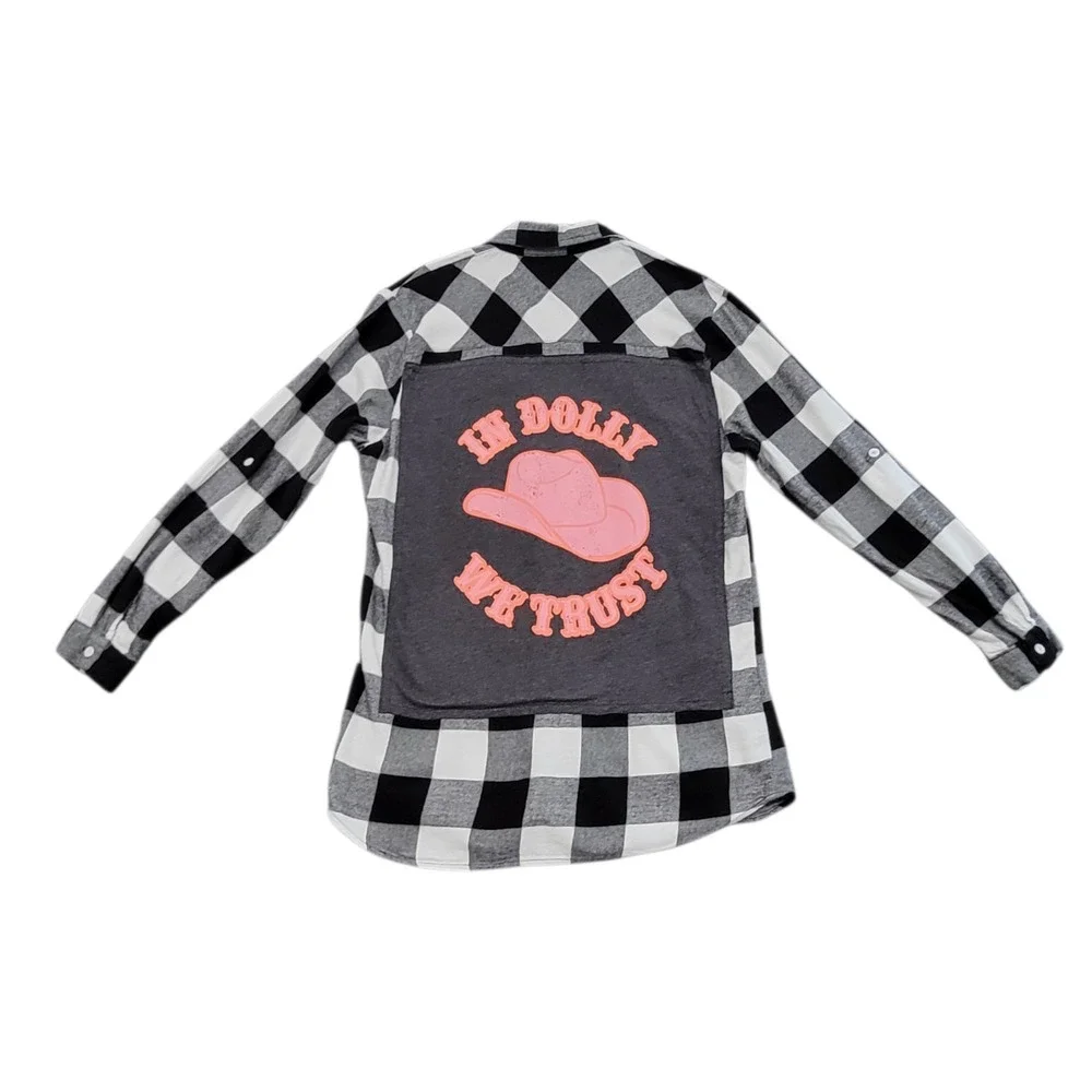Dolly Parton Upcycled Flannel Shirt In Dolly We Trust Fits Womens Large Plaid - Picture 4 of 7